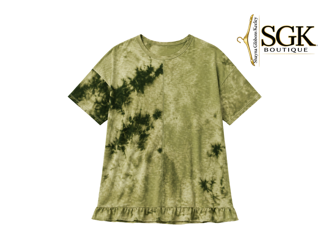 Green tie-dye t-shirt with SGK Boutique logo on a white background
