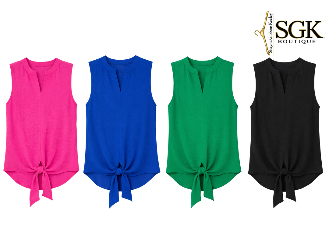 Four sleeveless tops in pink, blue, green, and black with a tie detail on a white background, featuring the SGK Boutique logo.
