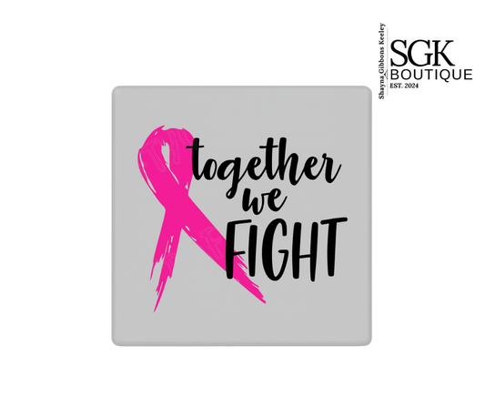 Pink ribbon with 'together we fight' text on a gray background, featuring SGK Boutique logo.