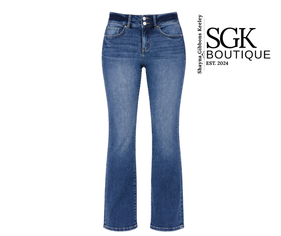 Blue jeans on a white background with SGK Boutique logo.