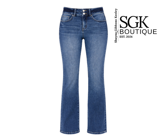Blue jeans on a white background with SGK Boutique logo.