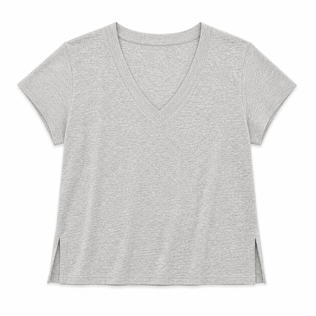 Gray t-shirt with a V-neck on a white background