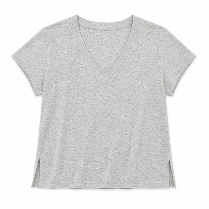 Gray t-shirt with a V-neck on a white background
