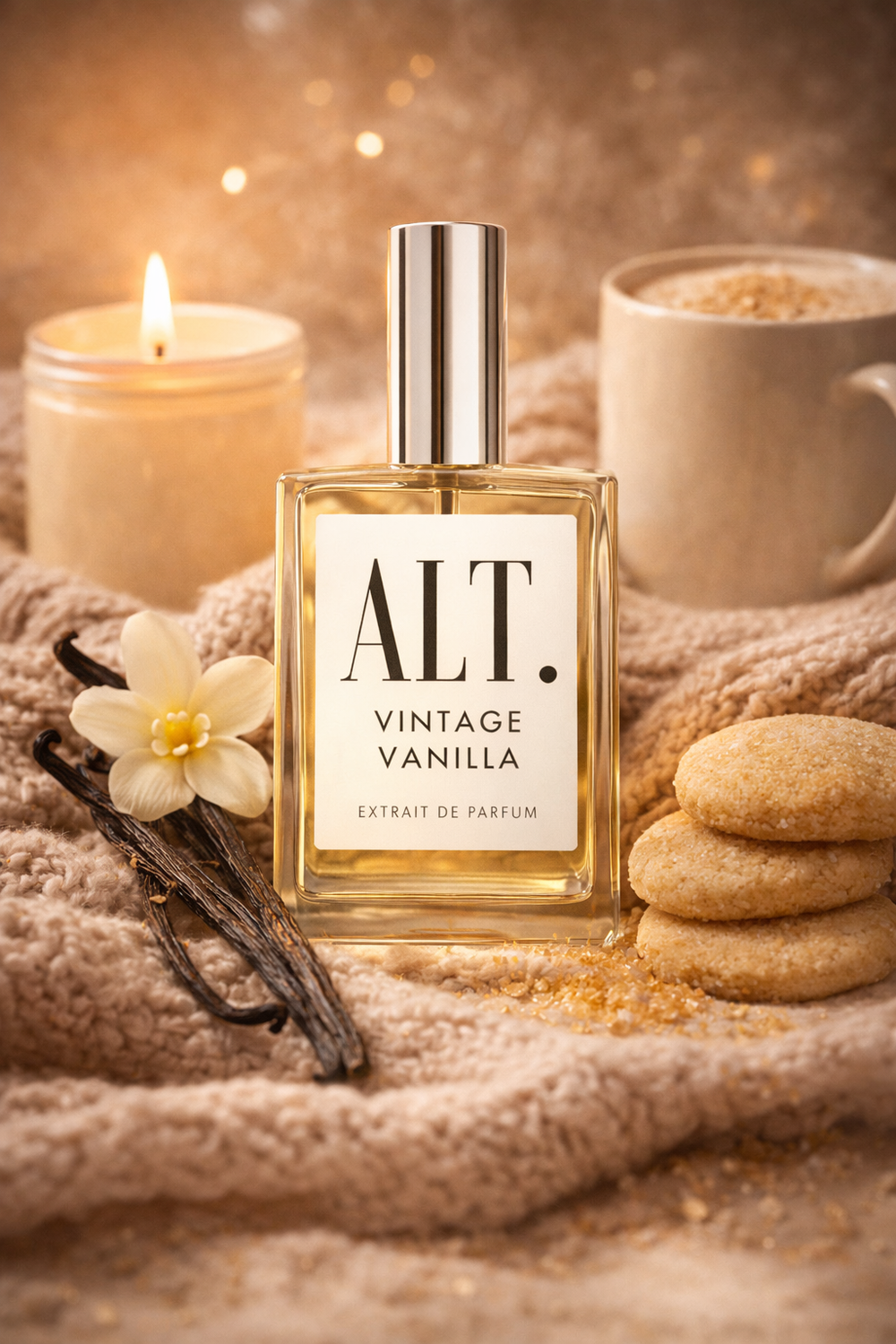 Perfume bottle labeled 'ALT. Vintage Vanilla' with vanilla beans, a flower, and a cup in the background.