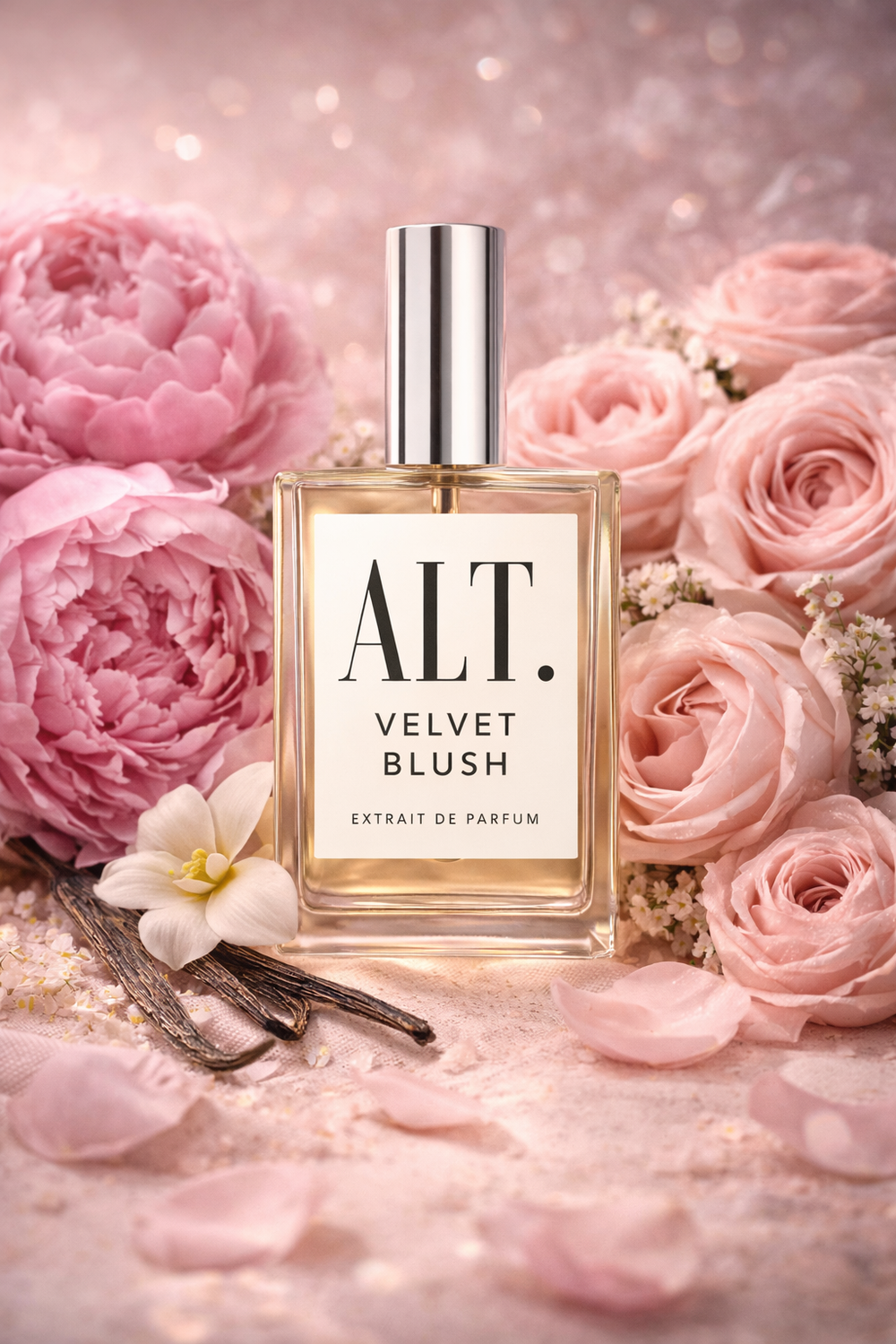 Perfume bottle labeled 'ALT. Velvet Blush' surrounded by pink roses on a soft pink background