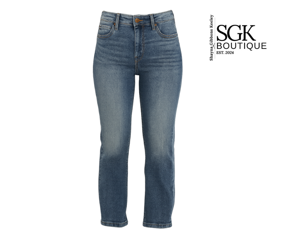 Blue jeans on a white background with SGK Boutique logo.