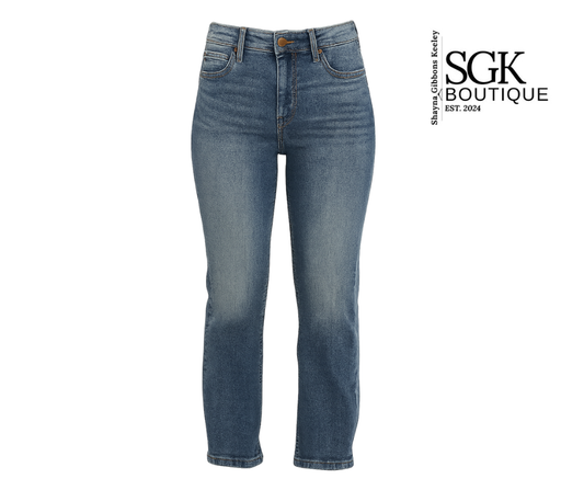 Blue jeans on a white background with SGK Boutique logo.