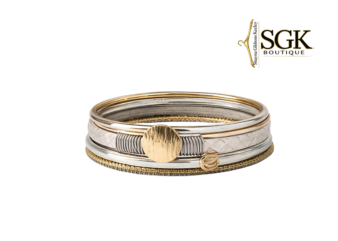 Set of gold and silver bracelets on a white background with SGK Boutique logo.