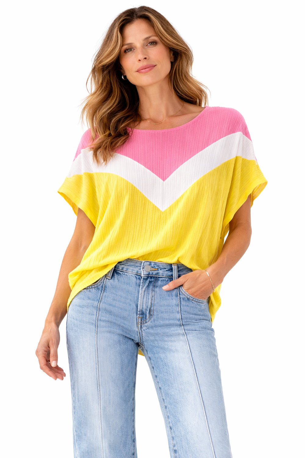 Woman wearing a colorful striped shirt and jeans on a white background